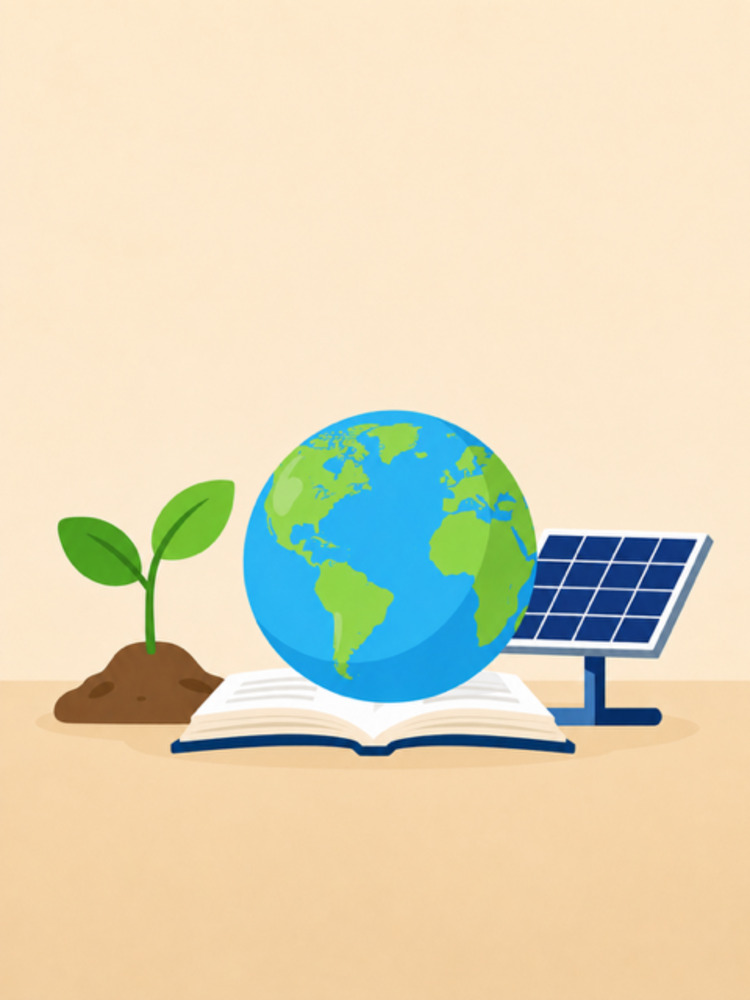 Illustration: Pflanze, Erde und Solarpanel auf einem Buch – Bildung und Klimaschutz